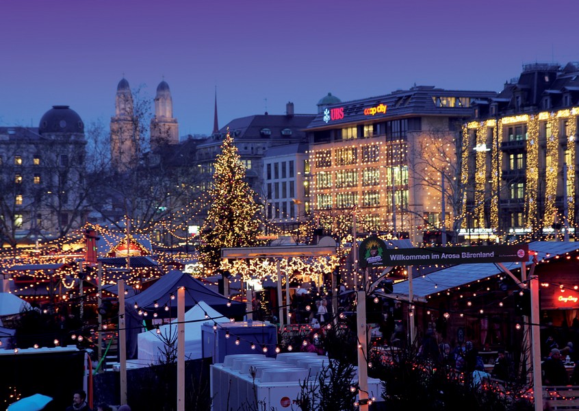 Postkarte · Zuerich · Weihnachtsmarkt · Lichterbaum Staende